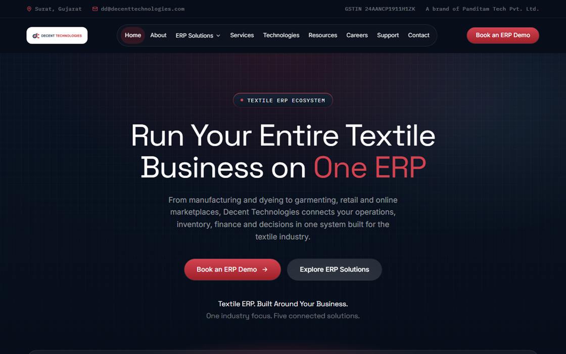 Direction 01: a dark navy homepage with a centred headline reading Run Your Entire Textile Business on One ERP