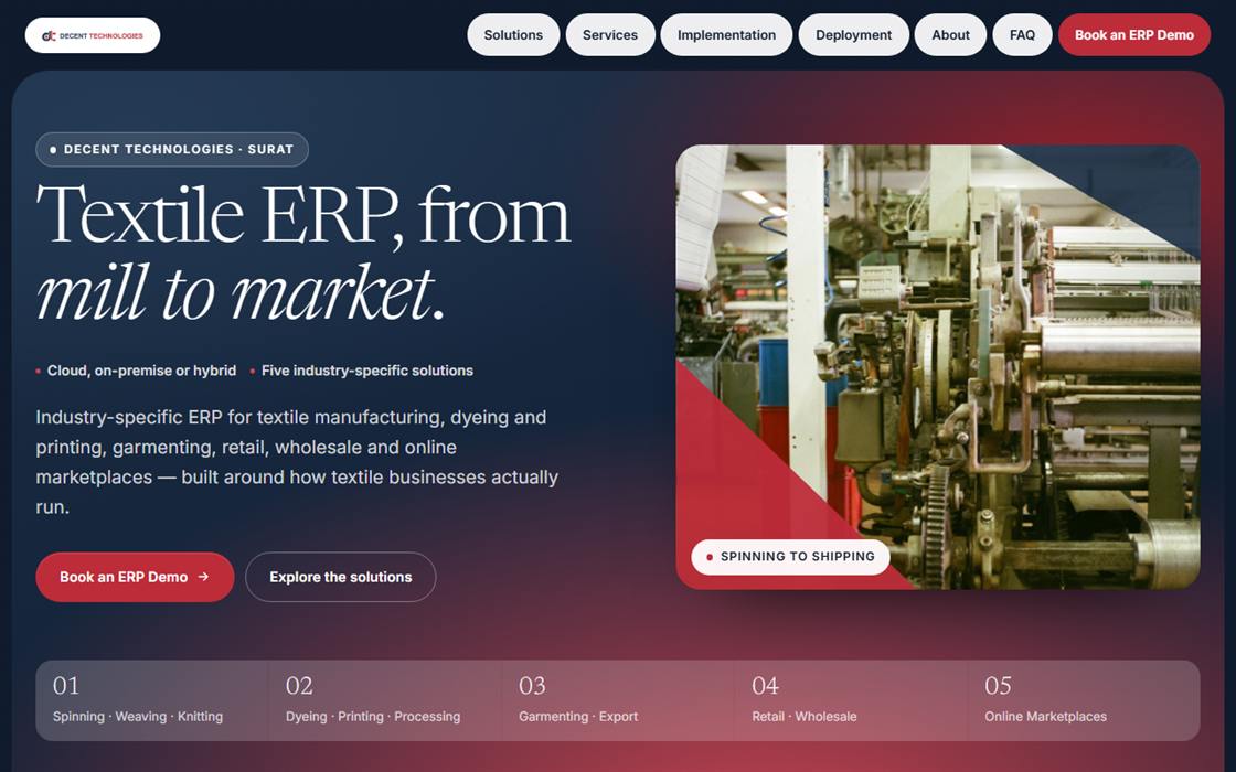 Direction 04: a navy to crimson gradient homepage with a light serif headline reading Textile ERP, from mill to market